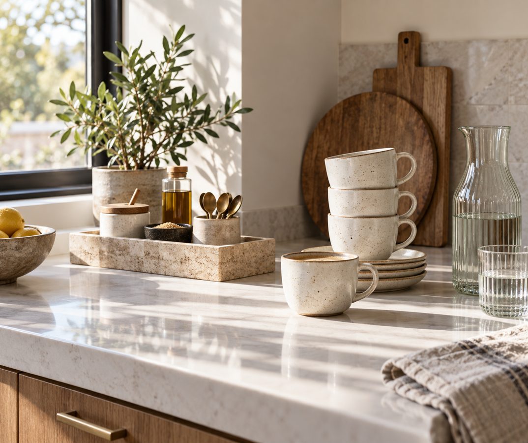 Cups and organizers on a bright kitchen counter