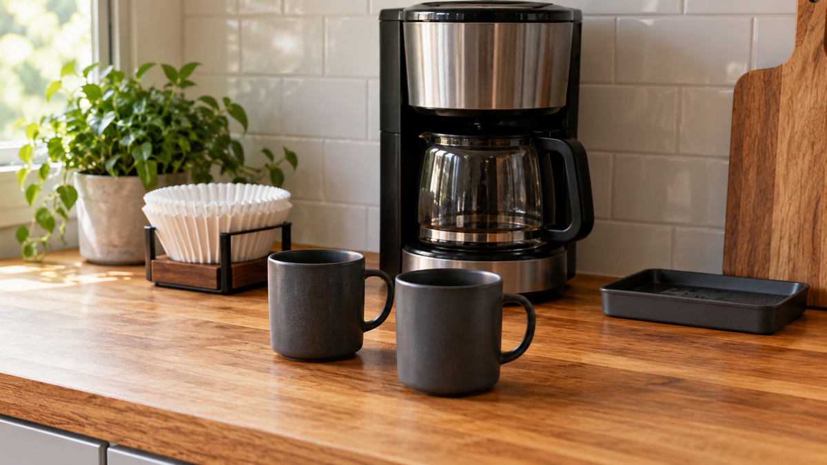 Empty mugs and plain paper filters on a clear counter beside an unbranded coffee maker.