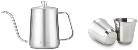 Easyworkz Gage Gooseneck Pour Over Coffee Kettle 12 oz, Silver, Bundled with Easyworkz Stainless Steel Espresso Cup 2pcs Set Double Wall Insulated Metal Demitasse Cups 2.5 oz by Easyworkz