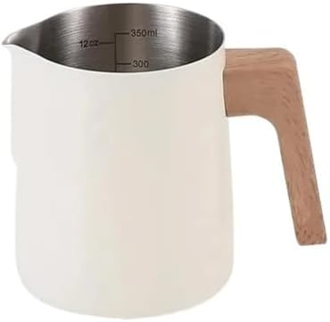 Milk Frother Cup Stainless Steel 350ml/600ml Stainless Steel Coffee Milk Foam Cup Latte Art Frothing Pitcher with Wooden Handle Internal Scale(White-600ml) by Unknown