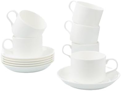 Fine Bone China Stackable Cup and Saucer Set of 6, Pure White Color Glaze Easy to Clean, 6 oz Capacity for Espresso & Cappuccino, Thin and Lightweight Comfortable to Hold, Microwave & Dishwasher safe by Unknown