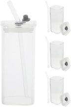 Square Glass Tumblers Portable Reusable Cups Made of Glass, Pp and Silicone 350ml with Lid and Straw 4pcs for Cold Drinks, Milk, Coffee, for Office Desk and Outdoor Activities by StylishBagToCreateStyle