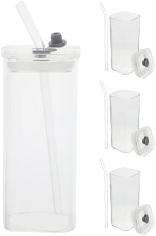 Square Glass Tumblers Portable Reusable Cups Made of Glass, Pp and Silicone 350ml with Lid and Straw 4pcs for Cold Drinks, Milk, Coffee, for Office Desk and Outdoor Activities by StylishBagToCreateStyle
