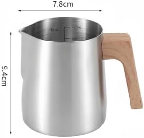 Milk Frother Cup Stainless Steel Coffee Milk Frothing Pitcher Jug Anti-scald Wood Grain Handle 304 Stainless Steel Mug Cup Professional Utensils(350ml Slivery) - Image 2