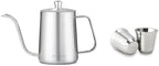 Easyworkz Gage Gooseneck Pour Over Coffee Kettle 20 oz, Silver, Bundled with Easyworkz Stainless Steel Espresso Cup 2pcs Set Double Wall Insulated Metal Demitasse Cups 2.5 oz by Easyworkz