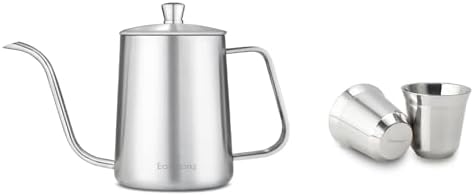 Easyworkz Gage Gooseneck Pour Over Coffee Kettle 20 oz, Silver, Bundled with Easyworkz Stainless Steel Espresso Cup 2pcs Set Double Wall Insulated Metal Demitasse Cups 2.5 oz by Easyworkz