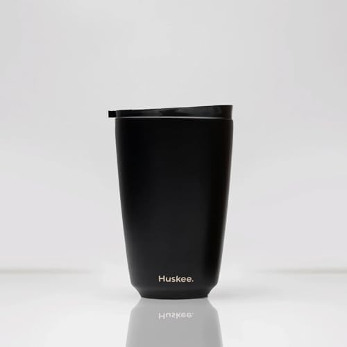 Huskee 12oz Stainless Steel Coffee Cup, Reusable, Stackable, Insulated, Ceramic-Lined, with Lid, Travel Cup for Hot Drinks (Black) by Huskee