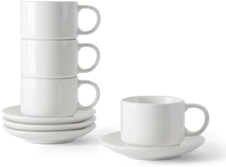 DOWAN 4 Ounce Stackable Espresso Cups, Porcelain Espresso Cups with Saucers Set of 4, White Espresso and Tea Cups for Home, Office and Cafe Use by DOWAN