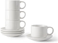 DOWAN 4 Ounce Stackable Espresso Cups, Porcelain Espresso Cups with Saucers Set of 4, White Espresso and Tea Cups for Home, Office and Cafe Use by DOWAN