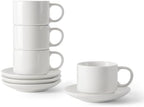 DOWAN 4 Ounce Stackable Espresso Cups, Porcelain Espresso Cups with Saucers Set of 4, White Espresso and Tea Cups for Home, Office and Cafe Use by DOWAN