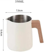 Milk Frother Cup Stainless Steel 350ml/600ml Stainless Steel Coffee Milk Foam Cup Latte Art Frothing Pitcher with Wooden Handle Internal Scale(White-350ml) - Image 2