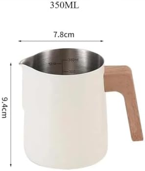 Milk Frother Cup Stainless Steel 350ml/600ml Stainless Steel Coffee Milk Foam Cup Latte Art Frothing Pitcher with Wooden Handle Internal Scale(White-350ml) - Image 2