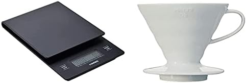 Hario V60 Drip Coffee Scale and Timer, One Size, Black (New Model) & V60 Ceramic Coffee Dripper, Size 02, White by Hario