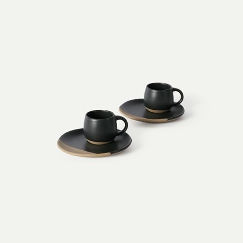 MORA Espresso Mug Set of 2 with Saucers, 4 oz Ceramic Cups for Espresso and Small Coffee Moments, Microwave and Dishwasher Safe - Liquorice by MORA