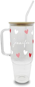 Personalized Name Hearts 40oz Glass Tumbler with Lid and Straw, Valentine's Day Gift for Girlfriend, Galentine's Day Custom Cup Iced Coffee by Sip-SipHooray