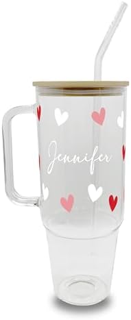 Personalized Name Hearts 40oz Glass Tumbler with Lid and Straw, Valentine's Day Gift for Girlfriend, Galentine's Day Custom Cup Iced Coffee by Sip-SipHooray