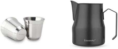 Easyworkz Stainless Steel Espresso Cup 2pcs Set Double Wall 2.5 oz, Bundled Espresso Steaming Pitcher Stainless Steel 15 oz Coffee Frothing Picther Milk Jug Cappuccino Latte Art Cup by Easyworkz