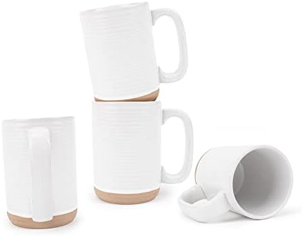 Elanze Designs Tall Ribbed Raw Clay Bottom White 16 ounce Ceramic Coffee Mugs Set of 4 by ElanzeDesigns