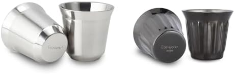 Easyworkz Stainless Steel Espresso Cup 2pcs Set Double Wall Insulated Metal Demitasse Cups 5 oz, Bundled with Double-Wall Espresso Cups 5 oz Set of 2, Vertical Stripe Design, Gunmetal by Easyworkz