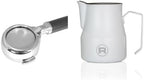 Rocket 58mm Bottomless Portafilter & 12oz Frothing Pitcher (Matte White) Barista Accessory Bundle | Espresso Puck-Prep & Milk-Steaming Tool Kit by RocketEspressoMilano