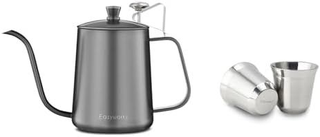 Easyworkz Gage Gooseneck Pour Over Coffee Kettle 20 oz with Thermometer Stainless Steel Hand Drip Coffee Pot, Bundled with Espresso Cup 2pcs Set Double Wall Insulated Metal Demitasse Cups 2.5 oz by Easyworkz