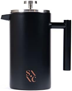 Stone & Clay Modern French Press - Black Stainless Steel Coffee Press - Double Walled Insulated Carafe with 1L/34oz Measurement - Cool Touch Handle, Beveled Lid, and Grooved Spout - 8 Cup Maker by STONECLAY