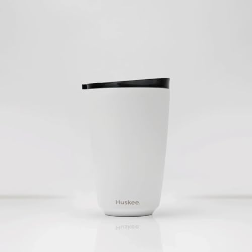 Huskee 12oz Stainless Steel Coffee Cup, Reusable, Stackable, Insulated, Ceramic-Lined, with Lid, Travel Cup for Hot Drinks (White) by Huskee