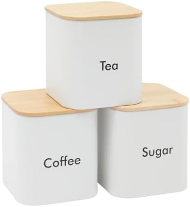 Juvale Coffee Bean Storage Canisters for Countertop - 3-Piece White Iron 48 oz Set - Silicone Seal Lids for Freshness - Sugar Jar & Tea Organizer - Coffee Bar Accessories & Countertop Organization by Juvale