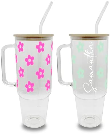 Sip-Sip Hooray! Daisy Floral 40oz Glass Tumbler with Lid and Straw, Floral Iced Coffee Cup, Cottagecore Cup Gift for Women by Sip-SipHooray