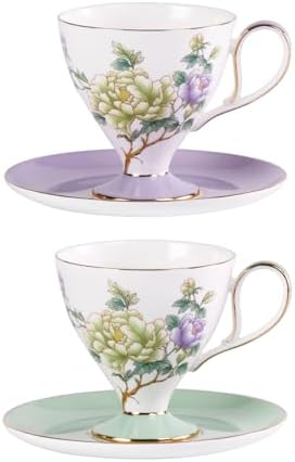 KAMMAK Ceramic Coffee Cups Saucers Set of 2, Porcelain Espresso Cups with Saucers, 8.12 oz Handcrafted Elegant Bone China Tea Cups, Purple Purple & Mint Green Flower Teacup for Party, Office, Gift by KAMMAK