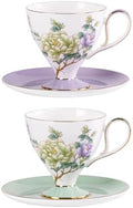 KAMMAK Ceramic Coffee Cups Saucers Set of 2, Porcelain Espresso Cups with Saucers, 8.12 oz Handcrafted Elegant Bone China Tea Cups, Purple Purple & Mint Green Flower Teacup for Party, Office, Gift by KAMMAK