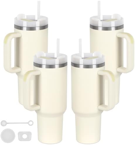 4 Pack 40 Oz Tumbler with Handle Bulk, Double Wall Vacuum Insulated Stainless Steel Tumbler with Lid and Straw, 40 oz cup with Silicone Spill Proof Stopper Set (Cream) by Temolulu