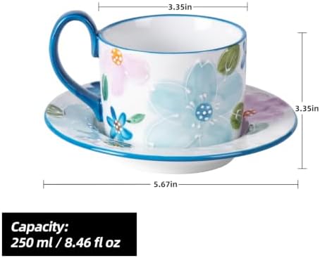 KAMMAK Coffee Cups and Saucers Set of 2, 8.5oz Ceramic Tea Cup with Saucer - Image 2