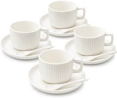 White Ceramic Coffee Cups Set of 4 with Saucers and Spoons by Unknown