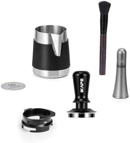 IKAPE 53MM Espresso Tamper Kit 6 in 1, Coffee Tamper, WDT Tool, Magnetic Dosing Funnel, Puck Screen, Milk Pitcher, Cleaning Brush by IKAPE