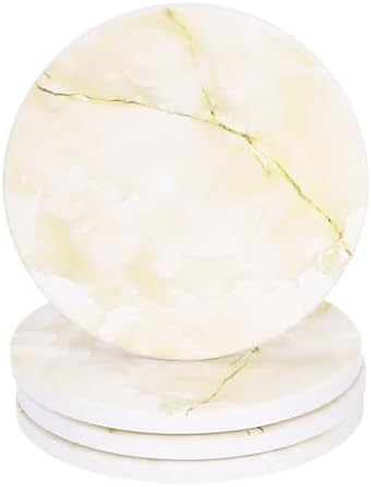 sourcing map 4Pcs Absorbent Coasters Yellow Marble Gilding Pattern Round Coaster with Cork Backing Non-Slip for Home Office 4inches. by sourcing+map