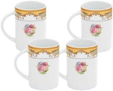 Porcelain Mug - White with Vintage Rose Design, 4 Piece Set by GiftsPlaza