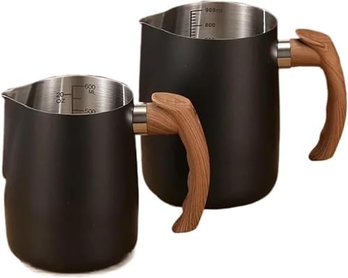 2pcs Stainless Steel Milk Frothing Pitcher Set with Wooden Handle - Precision Scale Latte Art Coffee Mugs (Black) by Unknown