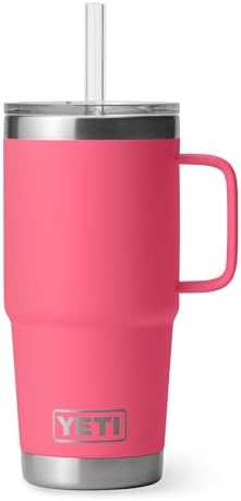 YETI Rambler 25 oz Tumbler with Handle and Straw Lid, Travel Mug Water Tumbler, Vacuum Insulated Cup with Handle, Stainless Steel, Tropical Pink by YETI