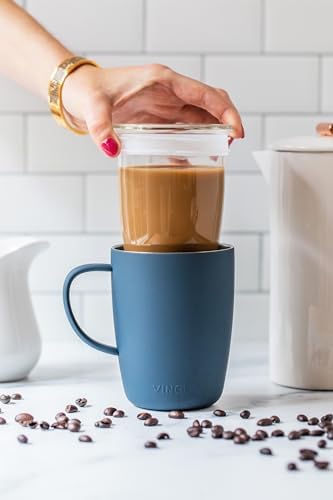 Vinglacé Stainless Steel Coffee Mug- Insulated Hot and Cold Beverage Cup with Glass Insert and Lid, 12 oz, Navy - Image 3