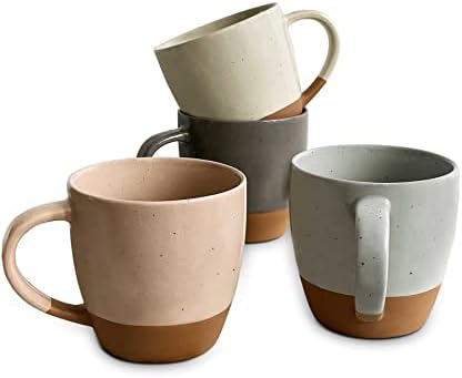 MORA Ceramic Large Latte Mug Set of 4, 16oz - Microwavable, Porcelain Coffee Cups With Big Handle - Modern, Boho, Unique Style For Any Kitchen. Microwave Safe Stoneware - Assorted Neutrals by PureMora