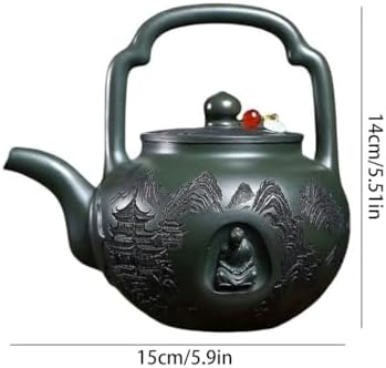 Tea Pots For Loose Tea Chinese Green Clay Carved Landscape Handle Teapot Home Retro Kung Fu Teapot Tea Infuser Pot - Image 2