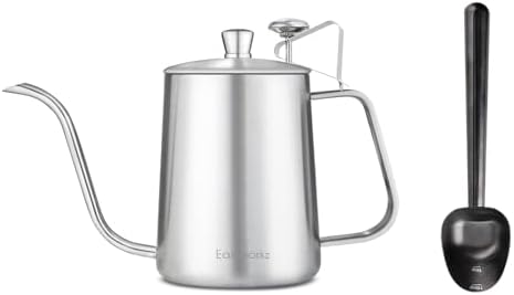 Easyworkz Gage Gooseneck Pour Over Coffee Kettle 20 oz with Thermometer Stainless Steel Hand Drip Coffee Pot, Silver, Bundled with Stainless Steel Long Hollow Handle Coffee Scoop,7g, Gunmetal Black by Easyworkz