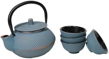 Ebros Gift Traditional Oriental Tetsubin Small Cast Iron 10oz Teapot With Strainer And 4 Mini Tea Cups 1oz Asian Fusion Housewarming Tea Service Drinkware Accent (Sky Blue Rustic Hobnails Texture) - Image 6