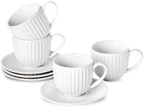 Ceramic Espresso Cups with Saucers 5 Oz,Set of 4 Porcelain Demitasse Cups Set,Small Coffee Cups with Handle for Coffee,Tea,Latte and Macchiato,Cappuccino Mugs for Kitchen and Cafe,White by Tikooere