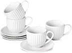 Ceramic Espresso Cups with Saucers 5 Oz,Set of 4 Porcelain Demitasse Cups Set,Small Coffee Cups with Handle for Coffee,Tea,Latte and Macchiato,Cappuccino Mugs for Kitchen and Cafe,White by Tikooere