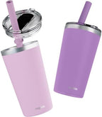 CUPKIN Toddler Tumblers, The Original 12 oz Stackable Stainless Steel Cups, Set of 2 Powder Coated Insulated Kids Water Bottle Alternative & BPA Free Lids + Reusable Silicone Straws (Pink + Purple) by CUPKIN