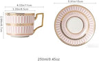 8.45oz European Ceramic Coffee Cup & Saucer Set of 2 with Handle & Gold Spoons, Stripe with Gold Accents, for Latte, Tea, Cappuccino, Gift Boxed for Tea Party, Housewarming Gift (two pink) - Image 2