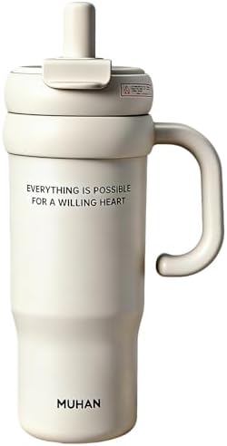 MUHAN 30oz Insulated Tumbler with Handle, Stainless Steel Water Bottle, Travel Mug (Moon White-316 stainless steel inner（Lid+tea strainer+Straw+handle）, MUHAN 30oz Insulated Tumbler with Handle) by Unknown