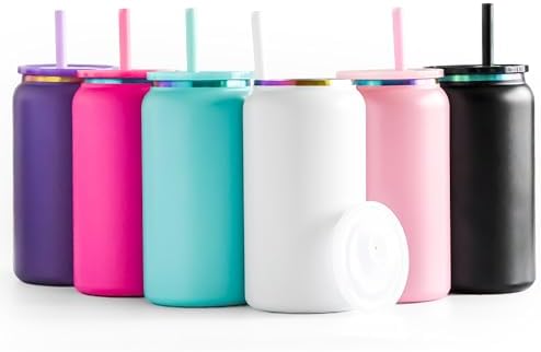 Stainless Steel Cups with Lids and Straws, 16 oz, 6 Pcs, Matte-Color by FECBK